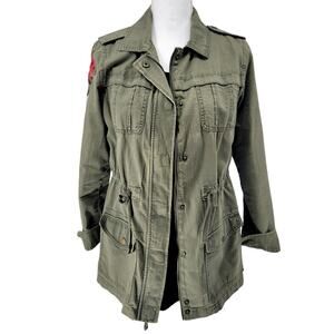 Olive Green Canvas Military Utility Jacket w/ Floral Embroidery,‎ Size S